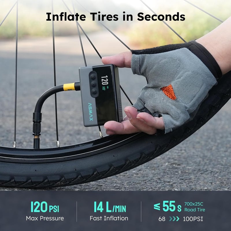 ASMAX T30 Mini Bike Pump, 16s Fast Inflate Electric Bicycle Pump with Gauge, 120PSI Portable Bike Air Pump, Cordless Rechargeable Tire Pump with Presta and Schrader Valve for Bikes, Motorcycles, Balls - Image 3